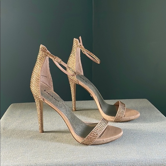 Bebe gold rhinestone and Tan Stiletto Heels with Ankle Strap - Picture 1 of 11